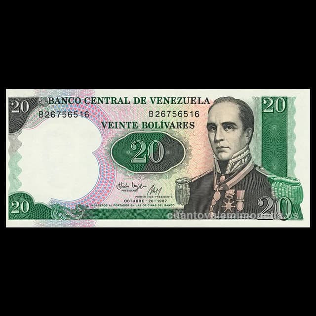 Imagen orientativa: Billete de 20 bolívares 1987 (bicentenario de Rafael Urdaneta)