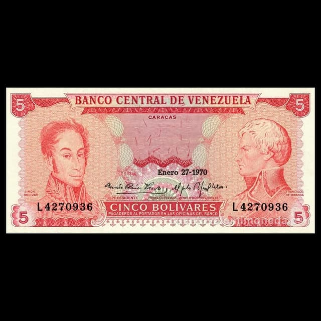 Imagen orientativa: Billete de 5 bolívares 1968-1989 (Bolívar y Miranda, rojo)