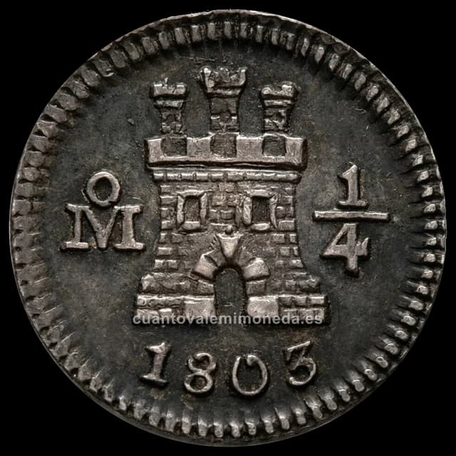 Imagen orientativa: Cuartillo (1/4 de real) de Carlos IV, cecas americanas