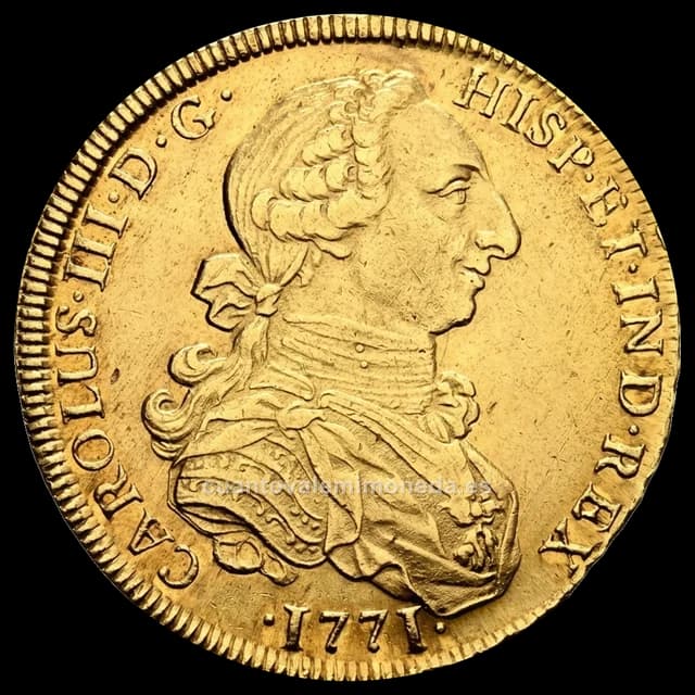 Imagen orientativa: 8 escudos (onza) de Carlos III, primer busto y "cara de rata", cecas americanas (1760-1771)