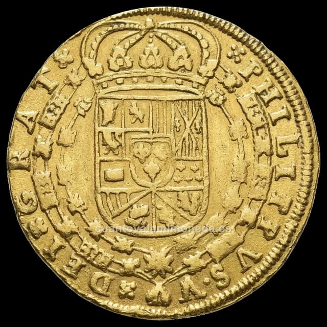 Imagen orientativa: 8 escudos (onza) de Felipe V, tipo cruz, cecas peninsulares (1700-1728)