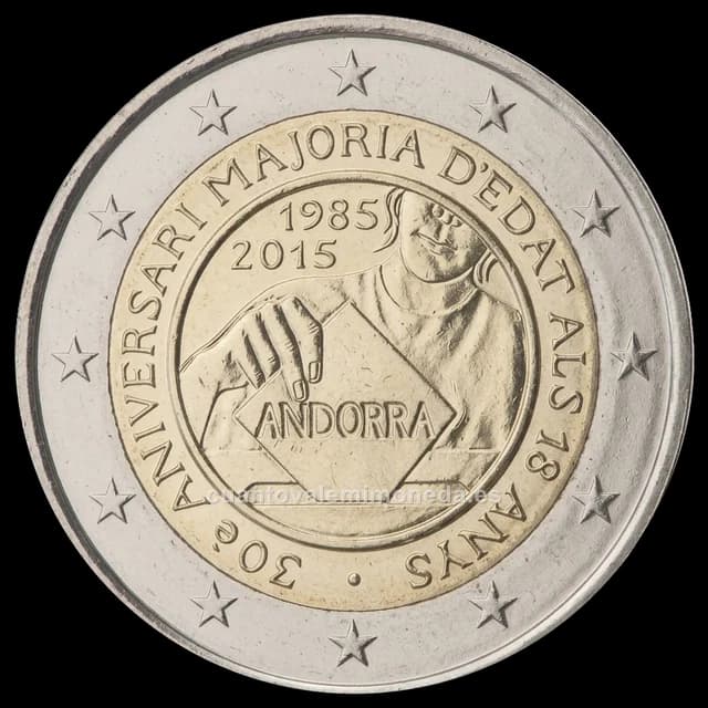 Imagen orientativa: 2 euros Andorra 2015, 30 años de la mayoría de edad a los 18