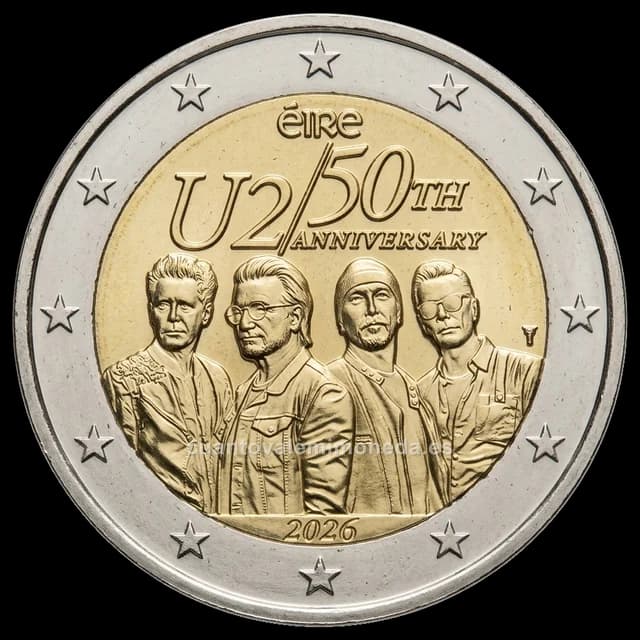 Imagen orientativa: 2 euros Irlanda 2026, 50 años de U2