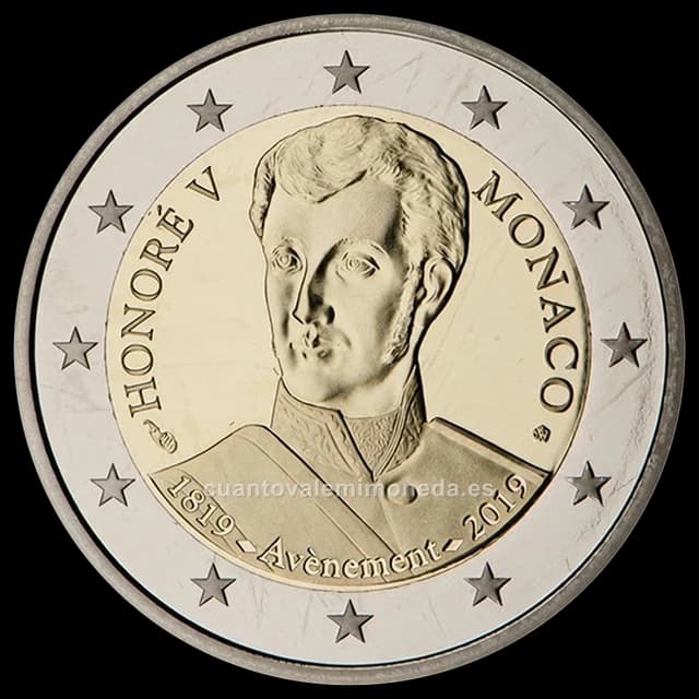 Imagen orientativa: 2 euros Mónaco 2019, 200 años de la llegada al trono de Honorato V