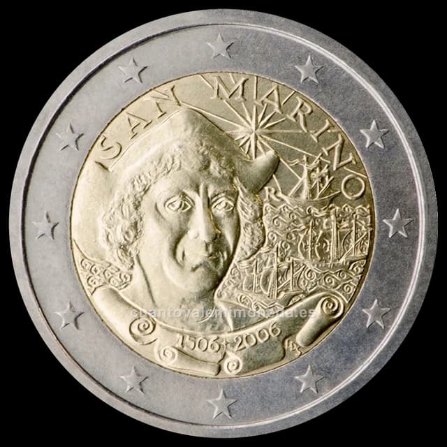 Imagen orientativa: 2 euros San Marino 2006, 500 años de la muerte de Cristóbal Colón