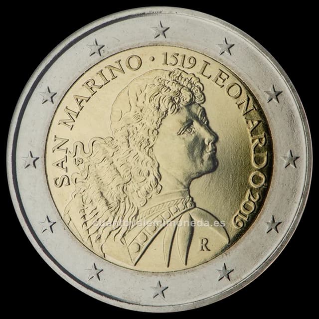 Imagen orientativa: 2 euros San Marino 2019, 500 años de la muerte de Leonardo da Vinci