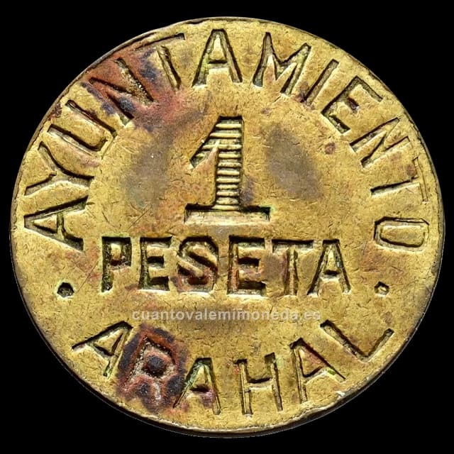 Imagen orientativa: 1 peseta, Ayuntamiento de Arahal (Sevilla), latón, Guerra Civil