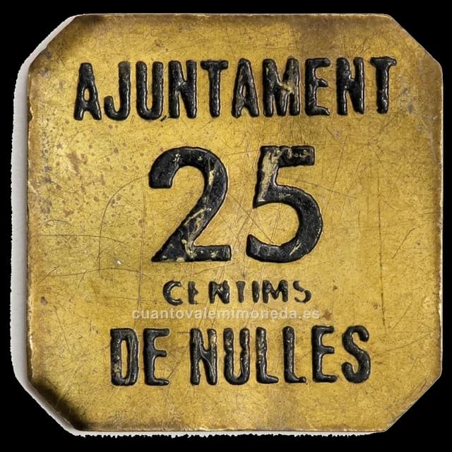 Imagen orientativa: 25 cèntims (1937), Nulles (Tarragona), latón cuadrado