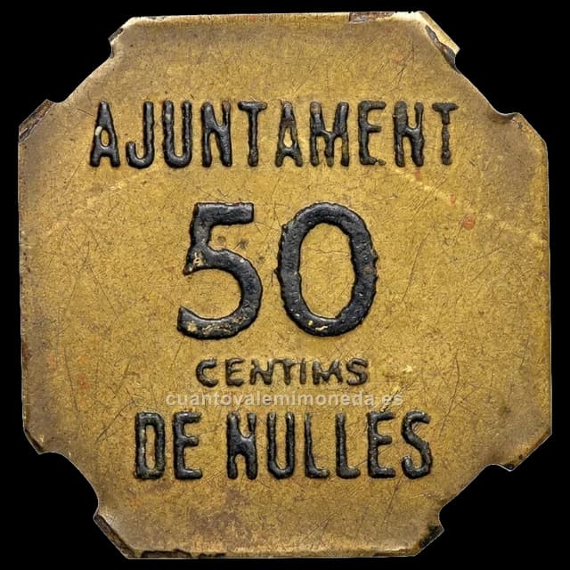 Imagen orientativa: 50 cèntims (1937), Nulles (Tarragona), latón octogonal