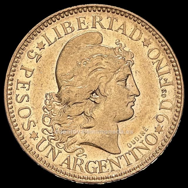 Imagen orientativa: 5 pesos «argentino» de oro 1881-1896