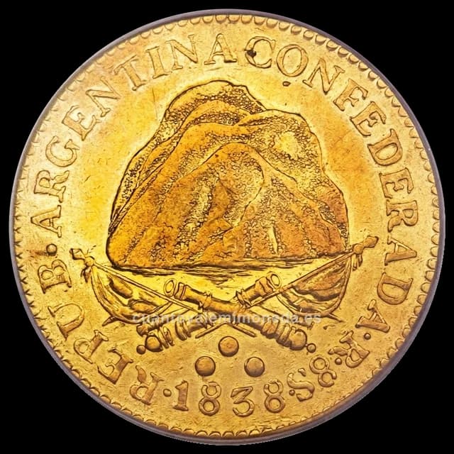 Imagen orientativa: 8 escudos de oro La Rioja 1838-1840 «Eterno loor al Restaurador Rosas»