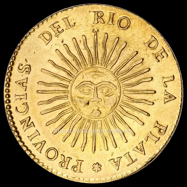 Imagen orientativa: 8 escudos de oro La Rioja 1826-1835 «sol» (Provincias del Río de la Plata)