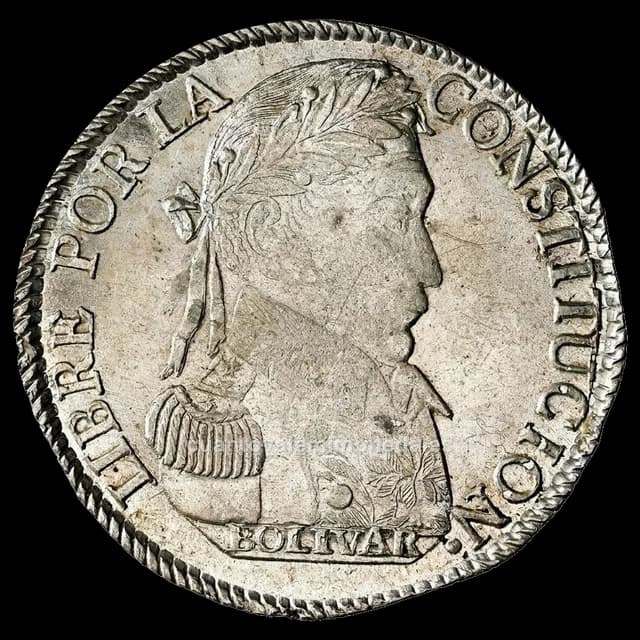 Imagen orientativa: 4 soles Bolivia 1827-1830 (plata 667, Bolívar y llamas)