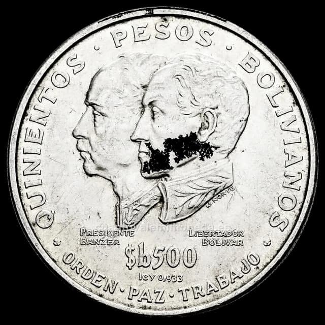 Imagen orientativa: 500 pesos bolivianos Bolivia 1975 (plata 933, Sesquicentenario: Bolívar y Banzer)