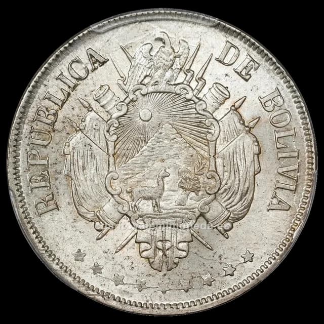 Imagen orientativa: 1 boliviano Bolivia 1864-1893 (plata 900, escudo nacional)