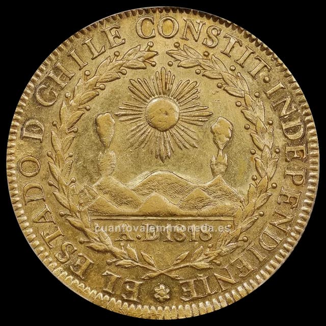 Imagen orientativa: 8 escudos de oro Chile 1818-1834 «volcán» (banderas cruzadas)