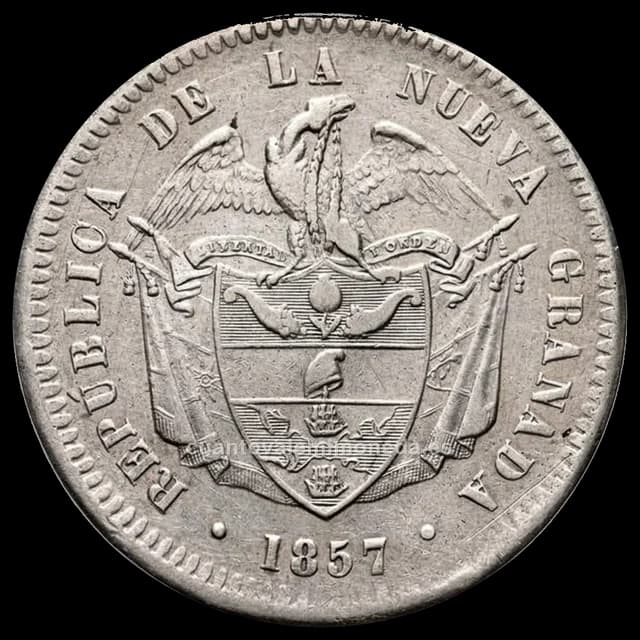 Imagen orientativa: 1 peso República de la Nueva Granada 1855-1858 (cóndor y escudo)