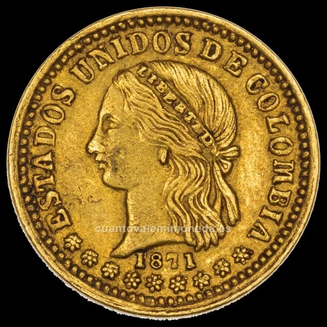 Imagen orientativa: 2 pesos de oro Estados Unidos de Colombia 1871-1876 (Medellín)