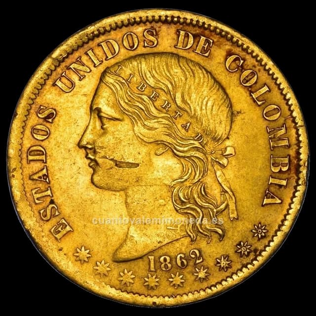 Imagen orientativa: 20 pesos de oro Estados Unidos de Colombia 1862-1878