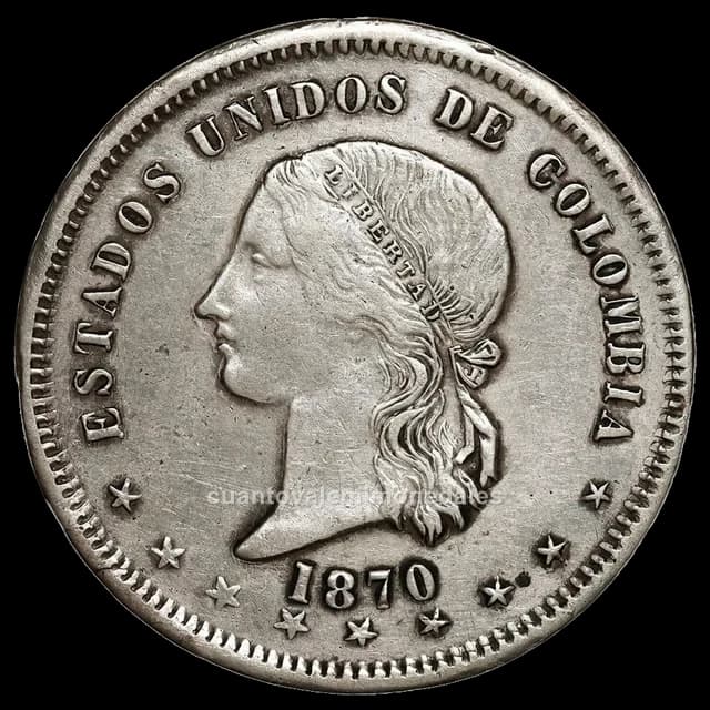 Imagen orientativa: 5 décimos Estados Unidos de Colombia 1868-1886 (cabeza de la Libertad)