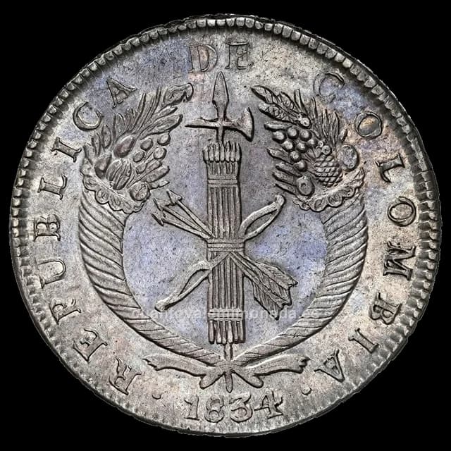 Imagen orientativa: 8 reales República de Colombia 1834-1836 (fasces y «Colombiano»)