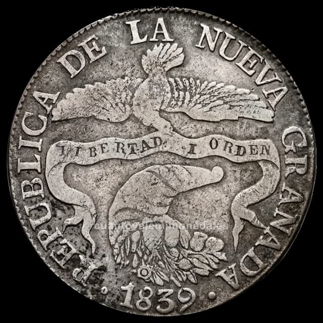 Imagen orientativa: 8 reales República de la Nueva Granada 1839-1846 (cóndor y cornucopia)