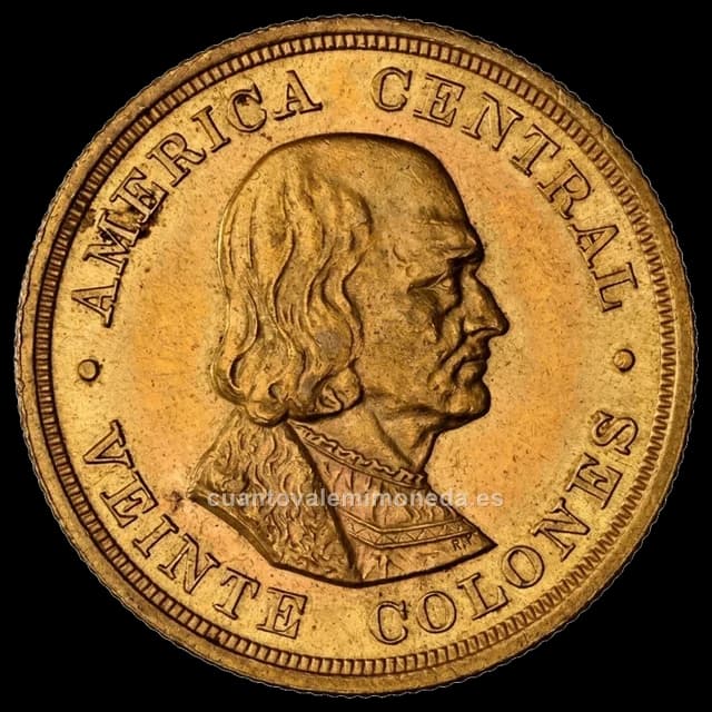 Imagen orientativa: 20 colones de oro Costa Rica 1897-1900 (Cristóbal Colón)