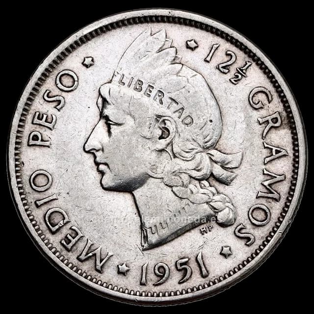 Imagen orientativa: 1/2 peso República Dominicana 1937-1961 (plata 900, cabeza de india)