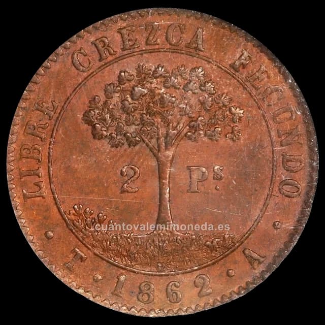 Imagen orientativa: 2 pesos Honduras 1862, emisión provisional de cobre