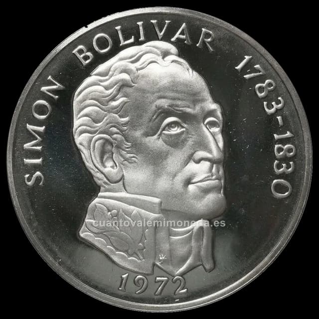Imagen orientativa: 20 balboas Panamá 1972-1975, Simón Bolívar (plata 925, 129,6 g)