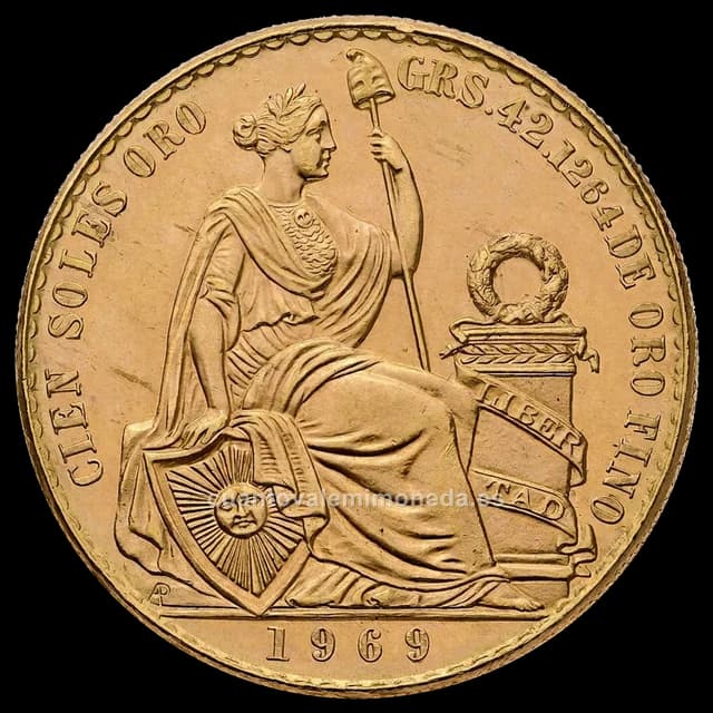Imagen orientativa: 100 soles de oro Perú 1950-1970 (moneda de oro, Libertad sentada)