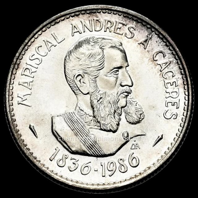 Imagen orientativa: 200 intis Perú 1986 de plata, 150 años del nacimiento del mariscal Cáceres