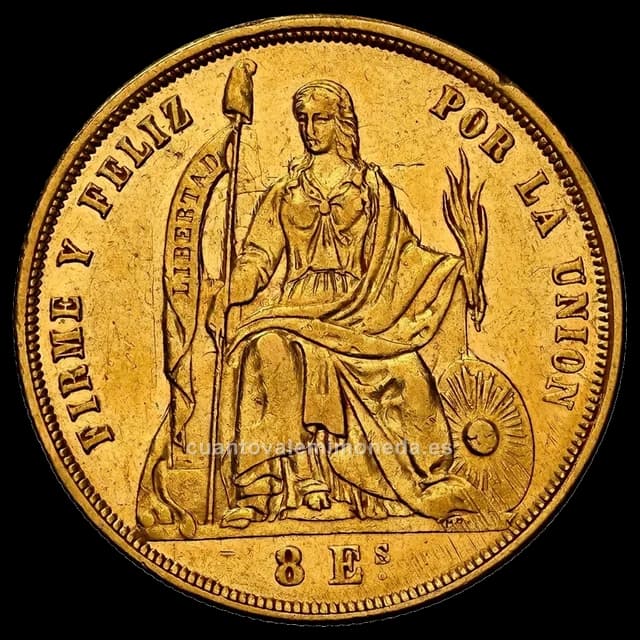Imagen orientativa: 8 escudos de oro Perú 1862-1863 (Libertad sentada)