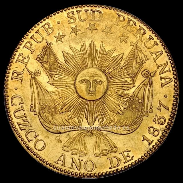 Imagen orientativa: 8 escudos de oro Estado/República Sud-Peruana 1837-1838, Cuzco