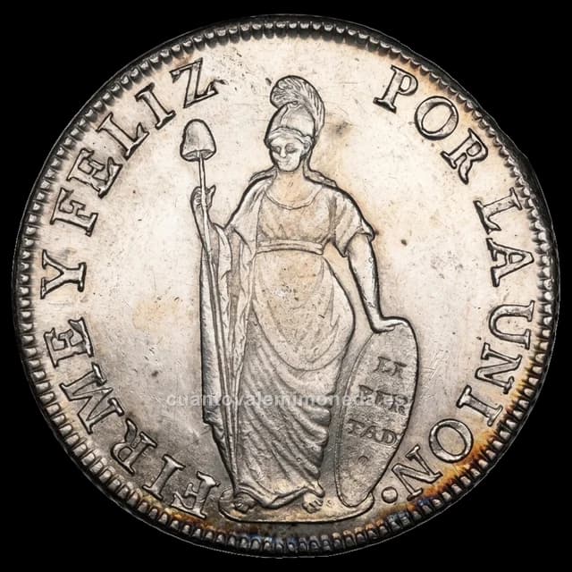 Imagen orientativa: 8 reales Perú 1835, error «POR AL UNION» (Lima)