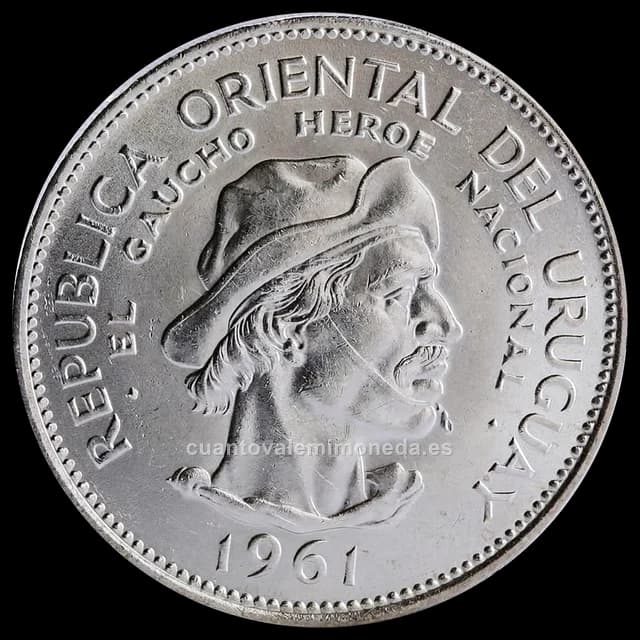 Imagen orientativa: 10 pesos Uruguay 1961 (plata 900, Sesquicentenario de 1811, gaucho)