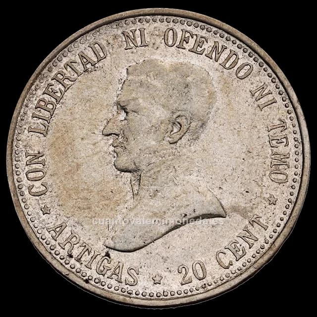 Imagen orientativa: 20 centésimos Uruguay 1920 (plata 800, Artigas)