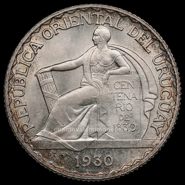 Imagen orientativa: 20 centésimos Uruguay 1930 (plata 800, Centenario de la Constitución)