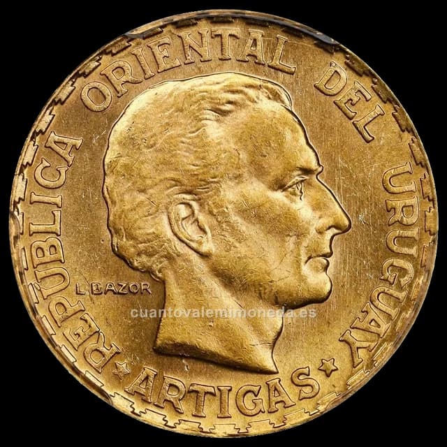 Imagen orientativa: 5 pesos Uruguay 1930 (oro 917, Centenario de la Constitución)