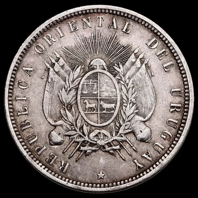 Imagen orientativa: 50 centésimos Uruguay 1877-1893 (plata 900, escudo nacional)