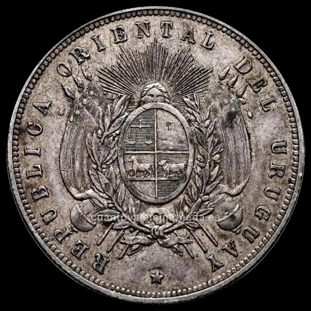 Imagen orientativa: 1 peso Uruguay 1877-1895 (plata 900, escudo nacional)