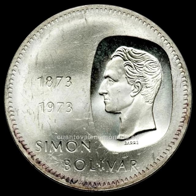 Imagen orientativa: 10 bolívares Venezuela 1973 (plata, centenario de la efigie de Bolívar en la moneda)