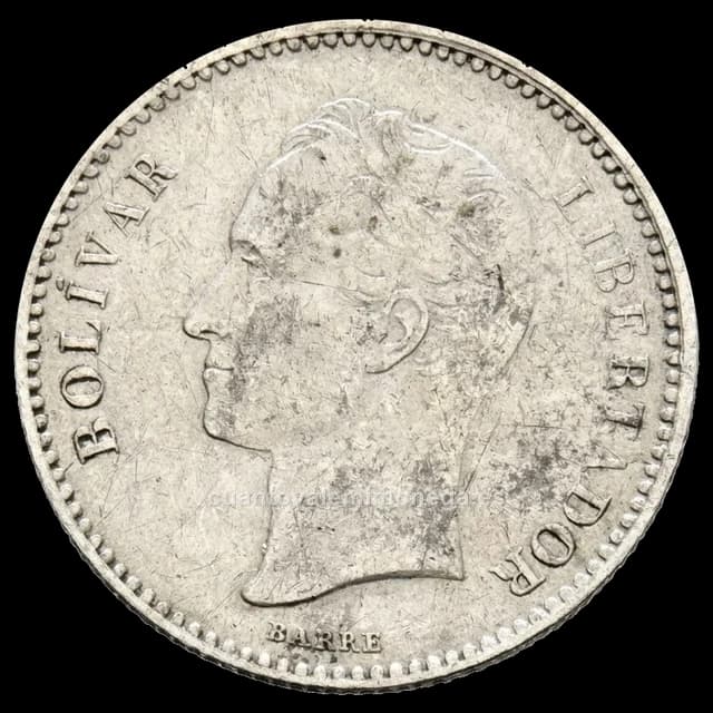 Imagen orientativa: 1/5 de bolívar Venezuela 1879 (plata, la fracción de un solo año)