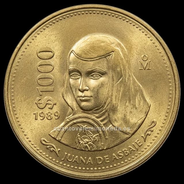 Imagen orientativa: 1000 pesos 1988-1992, Sor Juana Inés de la Cruz (aluminio-bronce)