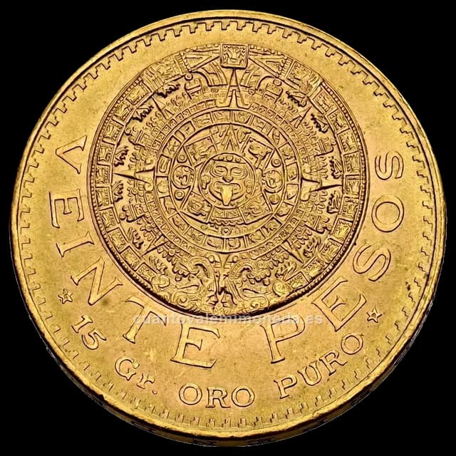 Imagen orientativa: 20 pesos de oro 1917-1959, Calendario Azteca (y reacuñaciones con fecha 1959)