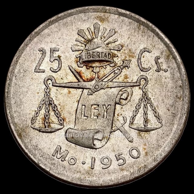 Imagen orientativa: 25 centavos 1950-1953, balanza (plata 0,300)