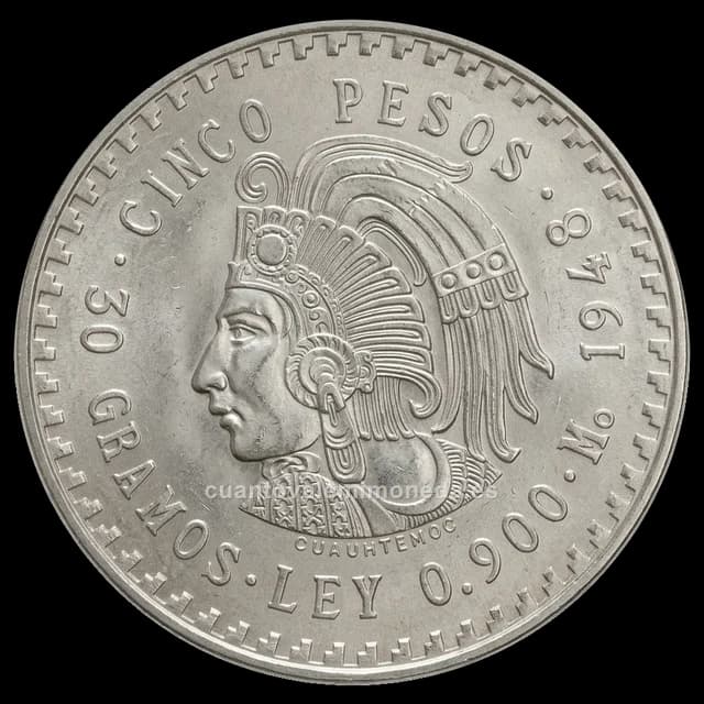 Imagen orientativa: 5 pesos 1947-1948, Cuauhtémoc (plata 0,900)