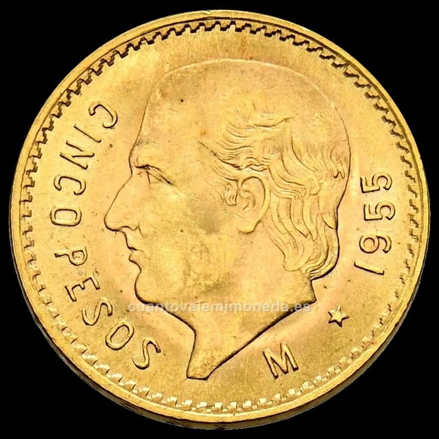 Imagen orientativa: 5 pesos de oro 1905-1955, Hidalgo (y reacuñaciones con fecha 1955)