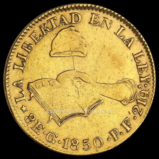 Imagen orientativa: 8 escudos de oro 1824-1873, «mano sobre el libro» (onza de la República)