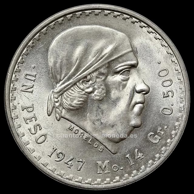 Imagen orientativa: 1 peso 1947-1949, Morelos (plata 0,500)